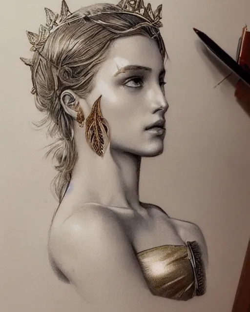 Image similar to beautiful aphrodite greek goddess wearing a golden laurel wreath and arrowhead earrings, hyper - realistic tattoo sketch, beautiful piercing eyes with sharp pupils, beautiful blonde hair, in the style of greg rutkowski, fantasy, amazing detail, epic, elegant, smooth, sharp focus