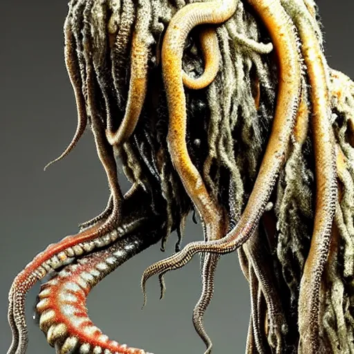 Prompt: photo taken of an epic intricate, ultra detailed, super realistic gritty, wet, slimy, lifelike sculpture of a nightmarish hellish alien creature with tentacle dreadlocks created by weta workshop for james cameron, zoomed in shots, photorealistic, sharp focus, white wall coloured workshop, cold blueish colour temperature, f 0. 4