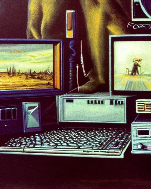 Prompt: a monitor observing 8 0 s era technology, vintage shapes, retro technology, vintage color, wayne barlow, oil on canvas, deep depth of field, masterpiece, cinematic composition, hyperdetailed