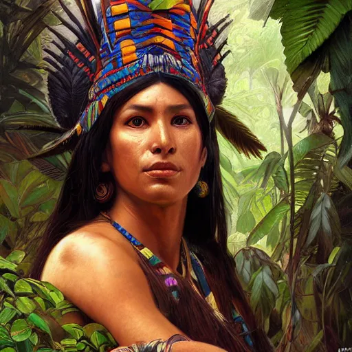 Image similar to A Inca Ruler, artists portrait, wild jungle, fantasy, highly detailed, digital painting, concept art, sharp focus, depth of field blur, illustration, art by artgerm and greg rutkowski and alphonse mucha