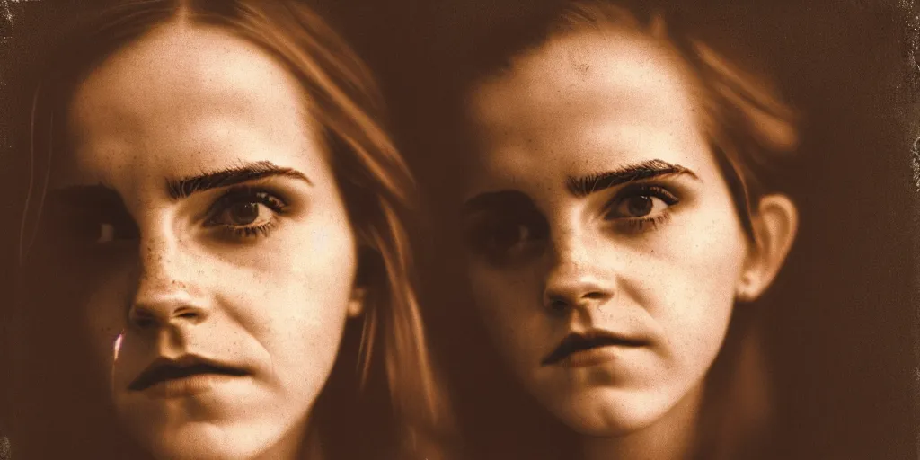 Image similar to portrait bust of emma watson, solemn expression, faded color film, russian cinema, tarkovsky, kodachrome, old cabin, next to window, heavy forest outside, long brown hair, old clothing, heavy fog, hudson river school, 4 k, dramatic lighting, greg rutkowski