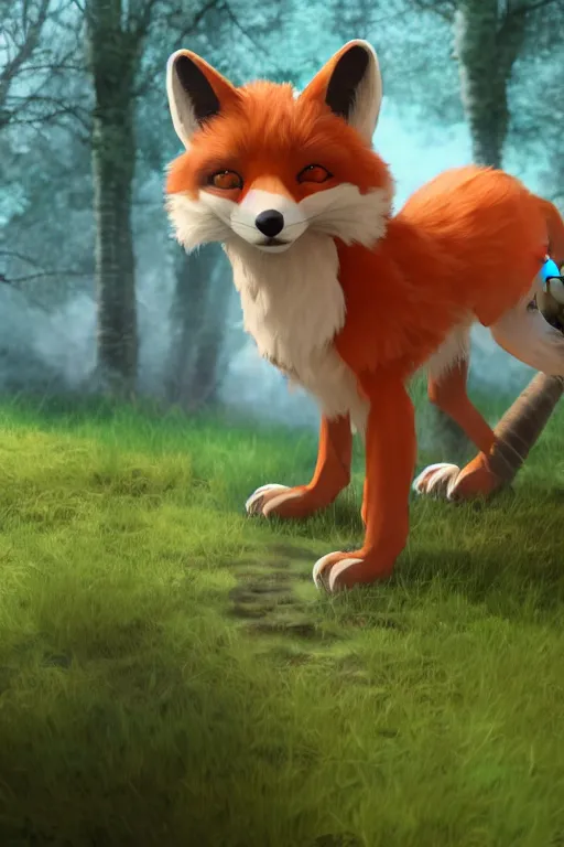 Image similar to a medieval fox furry fursona with a fluffy tail in a forest, backlighting, cgi, rendered in unreal engine, trending on artstation, cartoon