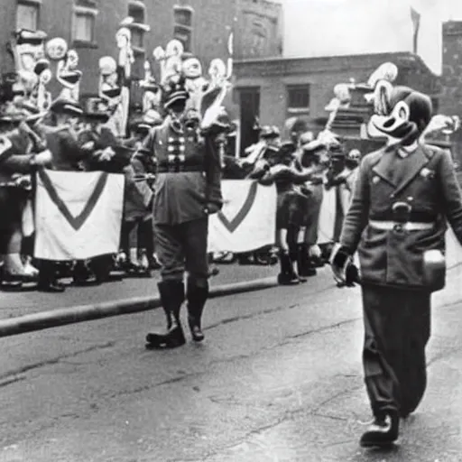 Image similar to historic colorized photograph of donald duck at a nazi parade in 1 9 3 6