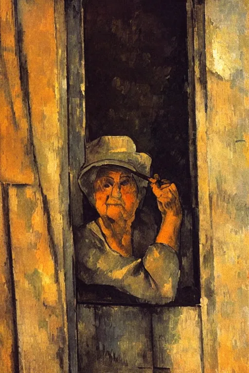 Image similar to an elderly and content italian woman leaning out of the window of an old building, smoking a cigarette, by paul cezanne, firenze, sunset, smooth, expressionist, gold