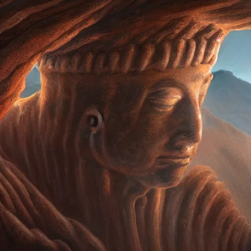 Image similar to highly detailed professional painting of ancient monumental alien bust in mountains trending on artstation, ultra detail, atmospheric lighting