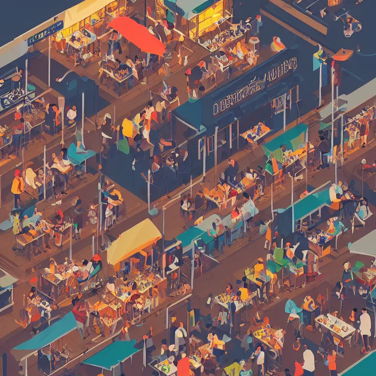 Prompt: isometric view illustration of a very lively restaurant and bar neighborhood , highly detailed, end of the day, by James Gilleard and Bruce Pennington