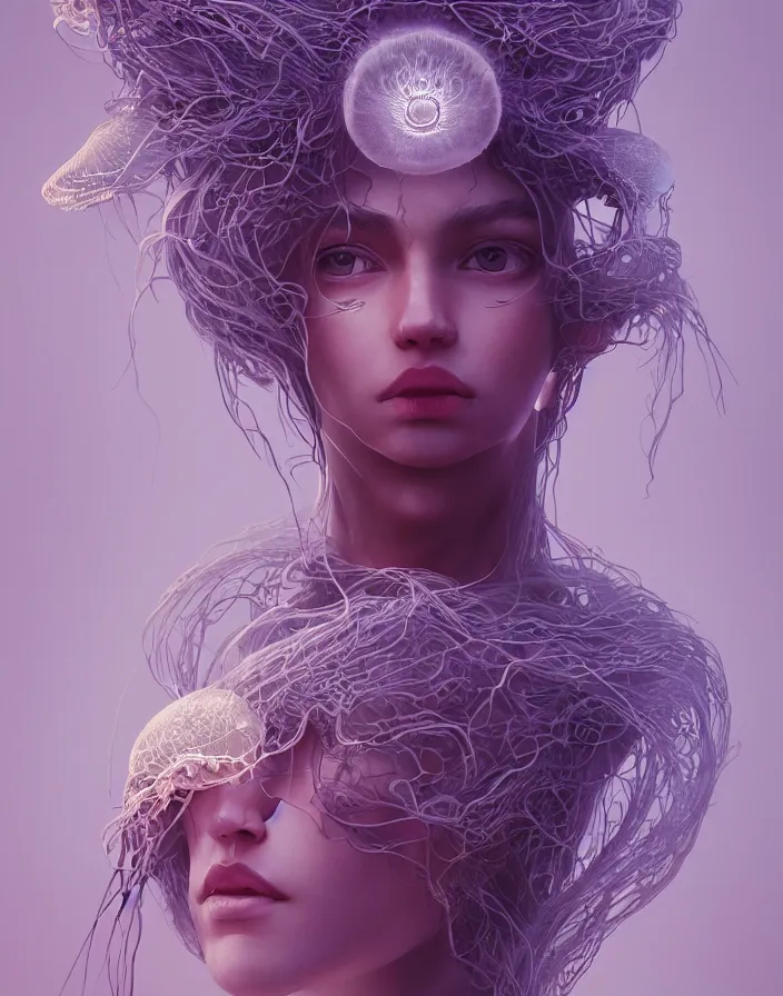 Image similar to goddess portrait. jellyfish phoenix head. intricate artwork by Tooth Wu and wlop and beeple. octane render, trending on artstation, greg rutkowski very coherent symmetrical artwork. cinematic, hyper realism, high detail, octane render, 8k