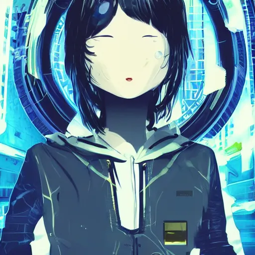 Image similar to Frequency indie album cover, luxury advertisement, blue filter, blue and black colors. Clean and detailed post-cyberpunk sci-fi close-up schoolgirl in asian city in style of cytus and deemo, blue flame, mysterious vibes, by Tsutomu Nihei, by Yoshitoshi ABe, by Ilya Kuvshinov, by Greg Tocchini, nier:automata, set in half-life 2, GITS, Blade Runner, Neotokyo Source, Syndicate(2012), beautiful with eerie vibes, very inspirational, very stylish, with gradients, surrealistic, dystopia, postapocalyptic vibes, depth of field, mist, rich cinematic atmosphere, perfect digital art, mystical journey in strange world, beautiful dramatic dark moody tones and studio lighting, shadows, bastion game, arthouse