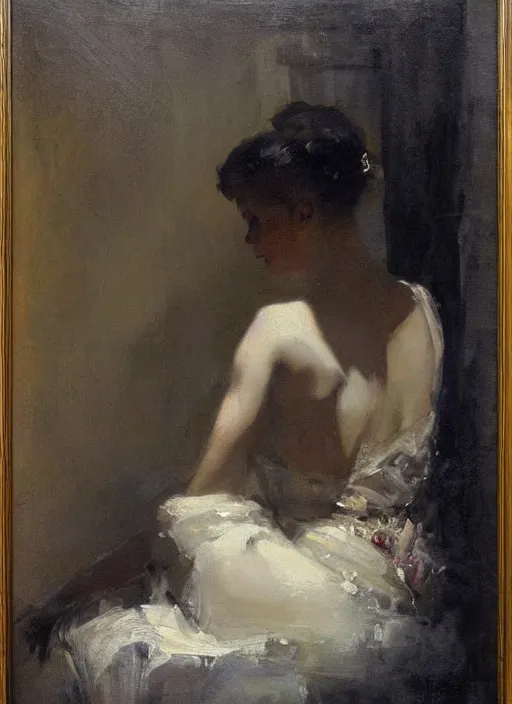 Image similar to beautiful portrait painting of an elegant victorian woman posing in an artistic pose over a bed, by jeremy mann, only one head single portrait