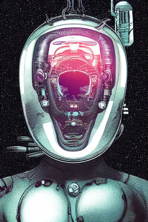 Prompt: comic illustration of a biomechanical head inside a futuristic space helmet, vintage transistors, white plastic, iridescent visor, nebulous gas background. intricate artwork by Moebius, cinematic, 8k, vibrant