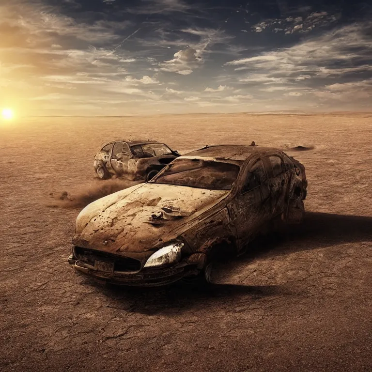 Image similar to A car drifting across a vast desert under an unrelenting sun. award winning. superb resolution. Detailed post-apocalyptic wasteland in background. Hyper realistic. Perfect art.