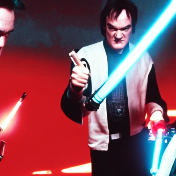 Image similar to quentin tarantino raising a lightsaber with his right hand, giving thumbs up with his left hand. without characters. red and black background. cinematic trailer format.