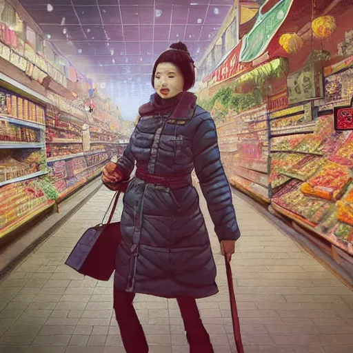 Image similar to the portrait a grocery young asia woman in down jacket, the background is a grocery store, winter, rural northeast an ultrafine hyperdetailed illustration by kim jung gi, irakli nadar, intricate linework, bright colors, octopath traveler, final fantasy, unreal engine 5 highly rendered, global illumination, radiant light, detailed and intricate environment