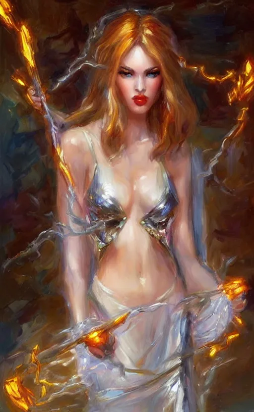 Prompt: Lightning goddessl. by Konstantin Razumov, horror scene, highly detailded