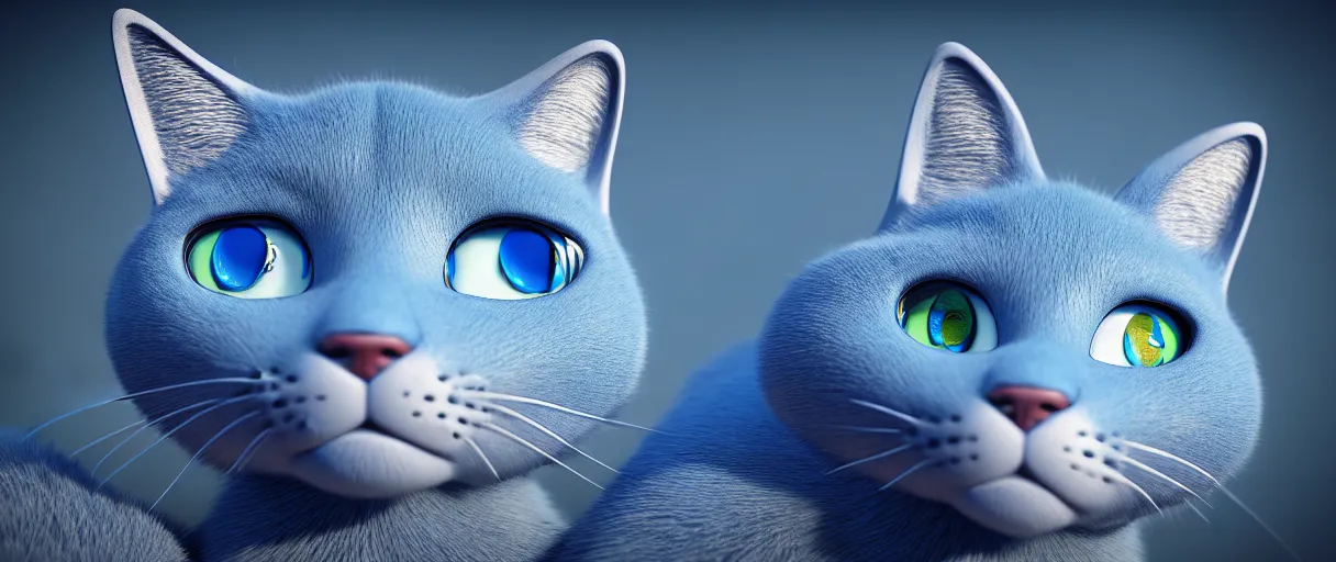 Image similar to hyperrealistic detailed close-up 3d render of a sad cute blue cat with round puppy eyes sharp cinematic lighting vray 8k low angle shallow depth of field