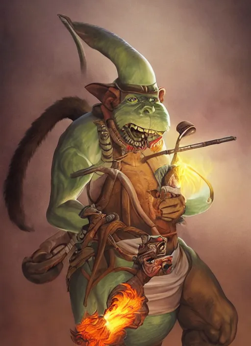 Image similar to boris vallejo and studio ghibli pathfinder 2 e illustration of a goblin mixed with a monkey smoking a cigar, pirate themed, character portrait, unreal engine, hyper realism, realistic shading, cinematic composition, realistic render, octane render, detailed textures, photorealistic, wide shot