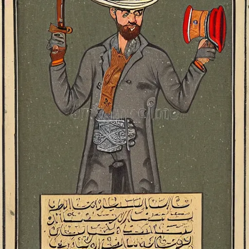 Prompt: bearded cowboy raising revolver in right hand above head, persian folkore illustration