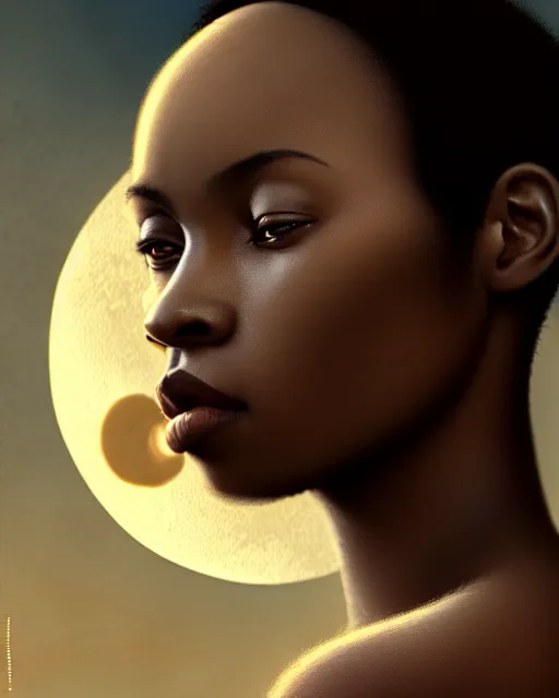 Prompt: african woman with short buzz hair, brown eyes, beautiful girl, close up portrait, moonlight, highkey, realistic, serov, surikov, vasnetsov, repin, kramskoi, paint texture, low aperature, insanely detailed, charlie bowater, tom bagshaw, octane rendered, unreal engine, illustration, trending on artstation, masterpiece
