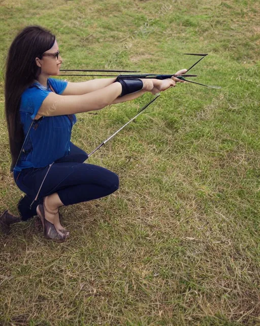 Image similar to young woman arrow shooting, low angle view