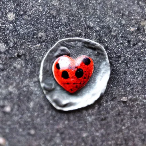 Prompt: ancient coin texture with heart shape and ladybug