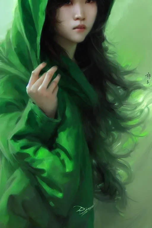 Image similar to an asian woman with emerald eyes and emerald hair that curls in the end, green aura, black hoodie, painting by daniel gerhartz, alphonse murac, detailed art, artstation