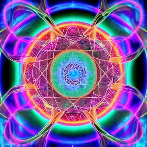 Image similar to quantum mechanical transdimensional imagery that connects all human minds to cosmic awareness | scientific psychedelic mystical occult religious