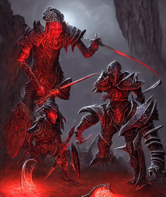 Image similar to A Dark Elf Telvanni in Daedric armor with white hair and glowing red eyes fights a dwemer Centurion in a dwemer ruin, Hyper realism, glow, runes, magic, morrowind, Oblivion, Skyrim, dark, gloomy, steam, ancient machines, lava, gears