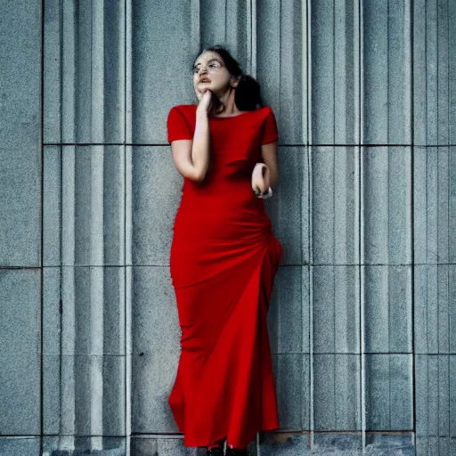 Prompt: a girl wearing a red dress, geometric shapes, high contrast