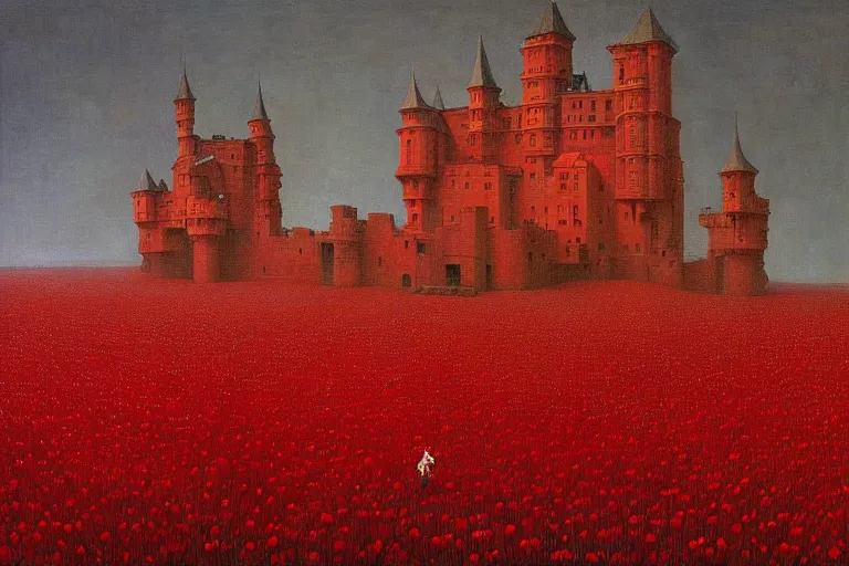 Image similar to only with red, red flowers of different types, a red tiger, a castle in the background, medieval demons dance over the flowers, an ancient path, in the style of beksinski, part by hopper, part by rodcenko, part by hofbauer, intricate composition, red by caravaggio, insanely quality, highly detailed, masterpiece, red light, artstation