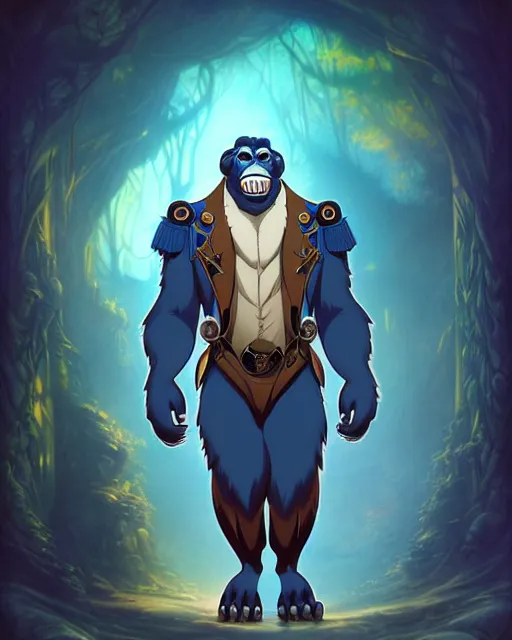 Image similar to don bluth, loish, artgerm, joshua middleton, steampunk, clockpunk anthropomorphic gorilla, full blue suit, smiling, symmetrical eyes symmetrical face, colorful animation forest background