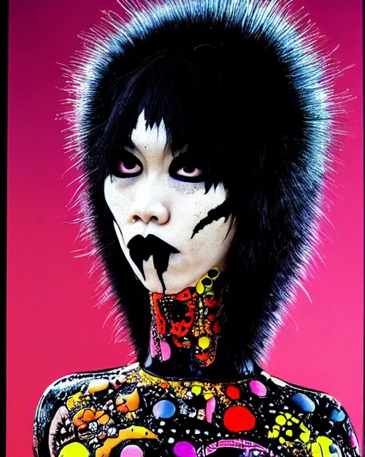 Image similar to portrait of a skinny punk goth yayoi kusama wearing armor by simon bisley, john blance, frank frazetta, fantasy, thief warrior, colourful fur!!