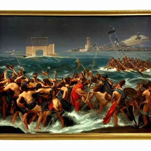 Prompt: Roman legion doing battle with the ocean, classicism, romanticism, Renaissance, artwork
