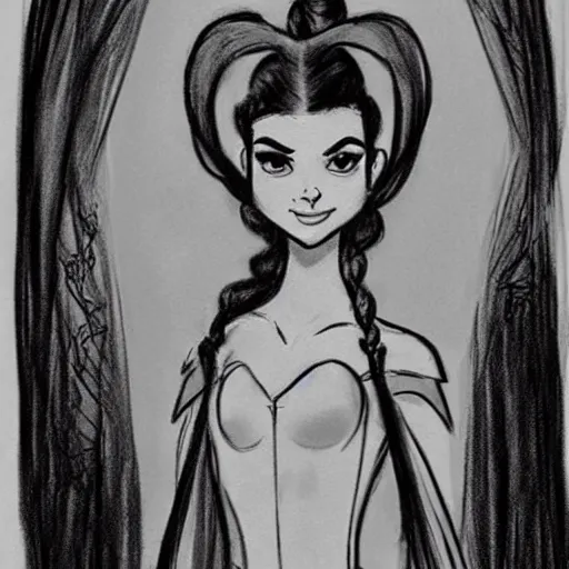 Image similar to milt kahl sketch of victoria justice with done up hair, tendrils covering face and ponytail as princess padme from star wars episode 3