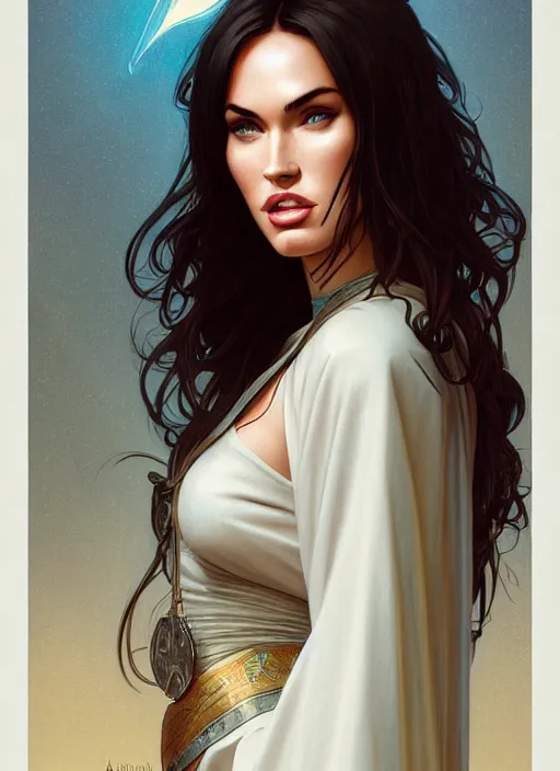 Image similar to portrait of megan fox as a sultry nun, catholic, church, bible, christian, intricate, headshot, highly detailed, digital painting, artstation, concept art, sharp focus, cinematic lighting, illustration, art by artgerm and greg rutkowski, alphonse mucha, cgsociety