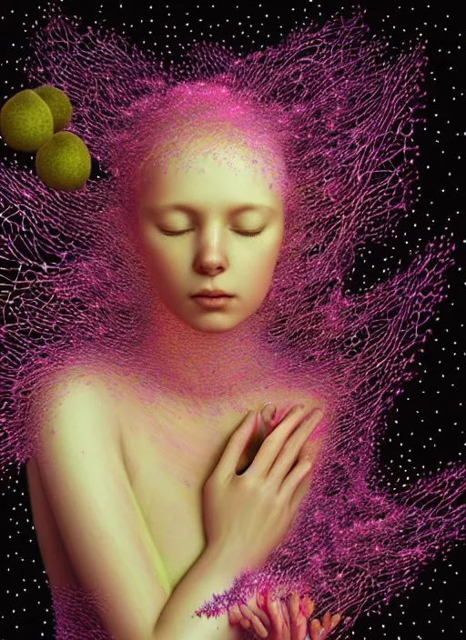 Prompt: hyper detailed 3d render like a Oil painting - Aurora (Singer) Eats of the Strangling Fruit and Her delicate Hands full of gossamer polyp blossoms bring iridescent translucent fungal flowers whose spores black the foolish stars by Jacek Yerka, Mariusz Lewandowski, Houdini algorithmic generative render, Abstract brush strokes, Masterpiece, Edward Hopper and James Gilleard, Zdzislaw Beksinski, Mark Ryden, Wolfgang Lettl, hints of Yayoi Kasuma, octane render, 8k