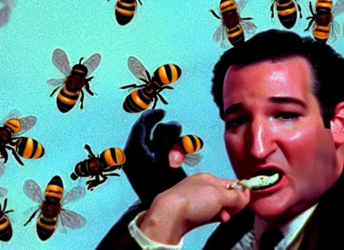 Image similar to film still of ted cruz as the candyman with bees coming out of his mouth in candyman 1 9 9 2