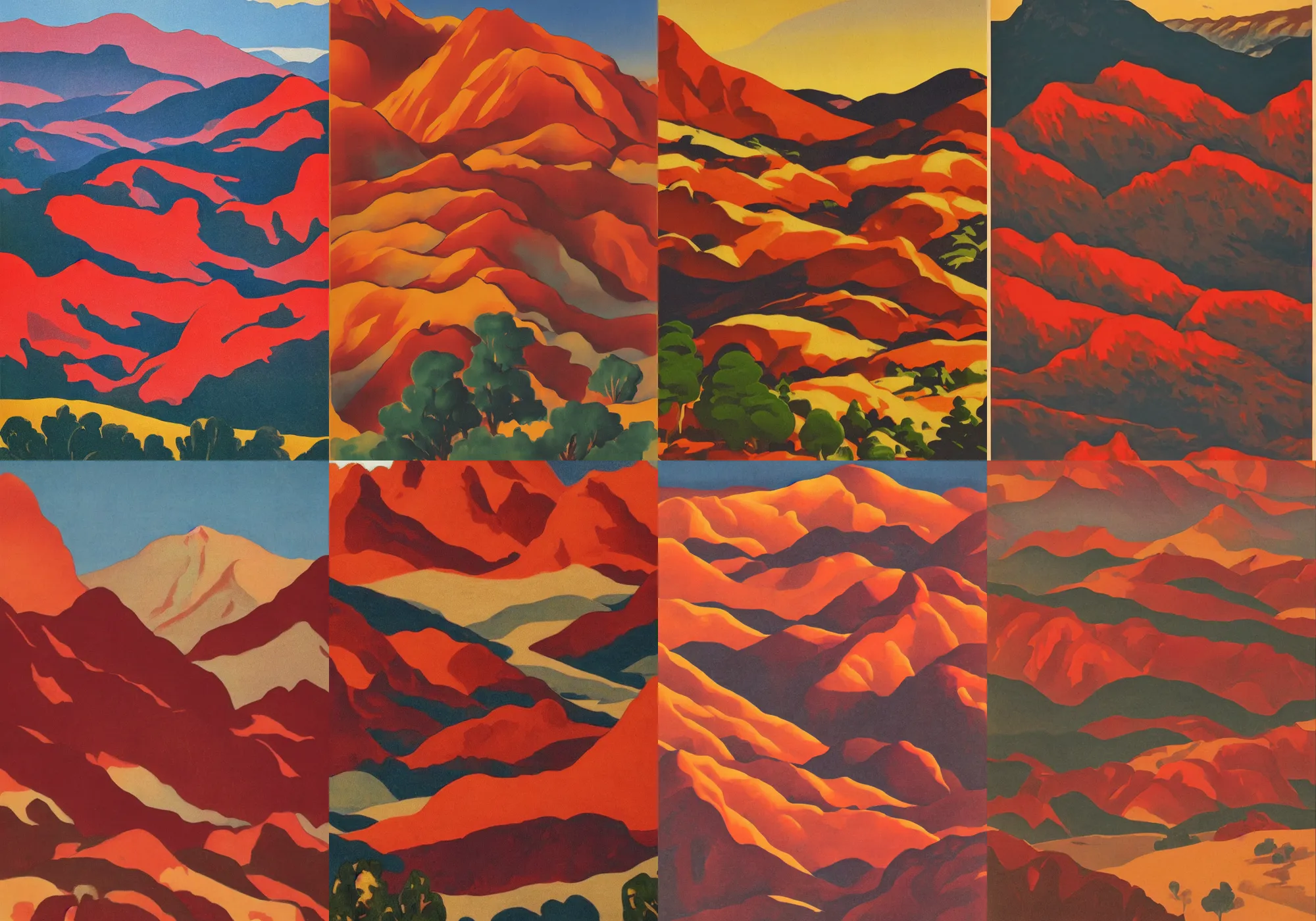Prompt: landscape with red mountains, wpa poster