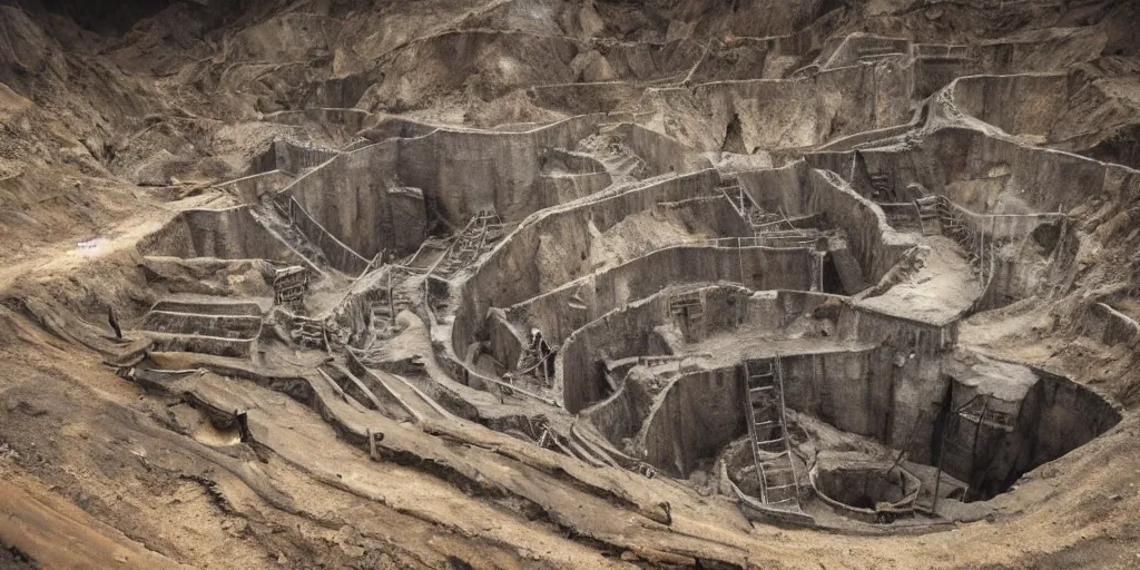 Prompt: very a deep mining pit, houses are carved into the sidewalls, long winding stairs going down, 8 k, shallow depth of field, moody lighting, ultra high detail, concept art,