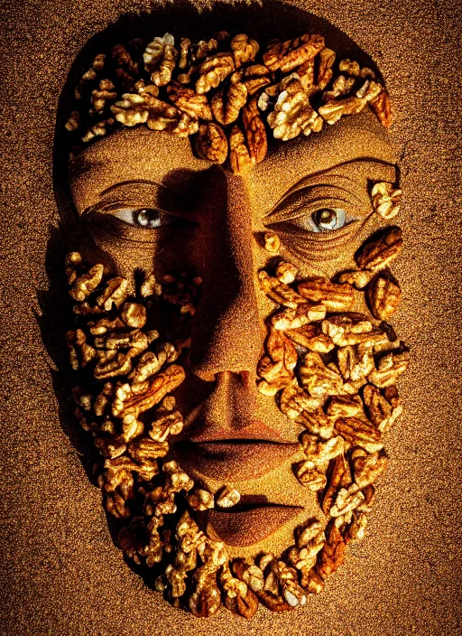 Image similar to face made of walnuts, sharpfocus, photorealism, soft diffuse autumn lights, some sun light ray, dark room wall, canon 5 d 5 0 mm lens