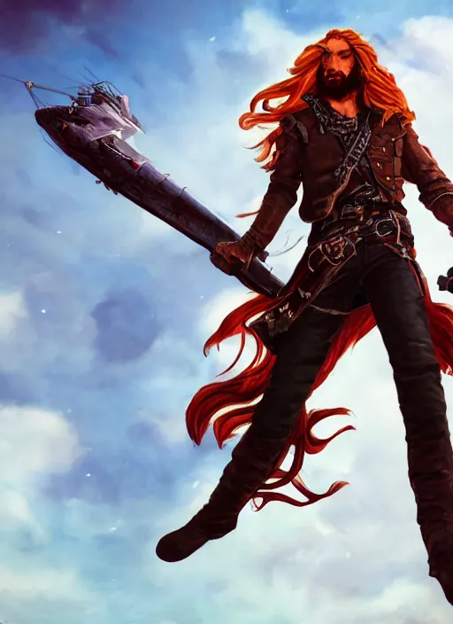 Image similar to An epic fantasy comic book style portrait painting of a long haired, red headed male sky-pirate wielding a pistol in front of an airship, unreal 5, DAZ, hyperrealistic, octane render, cosplay, RPG portrait, dynamic lighting