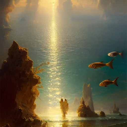 Prompt: point of view, you are deep in the ocean looking up, you see fishes, flora and fauna, higher you see the splendorous milk way illuminating the sea. highly detailed painting by gaston bussiere, greg rutkowski 8 k