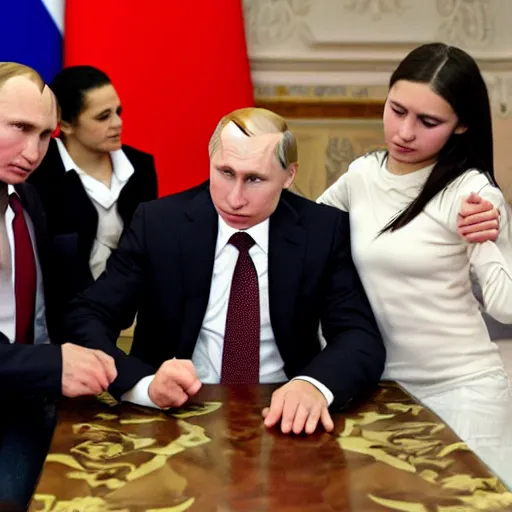 Image similar to putin teams up with a mysterious teenage girls