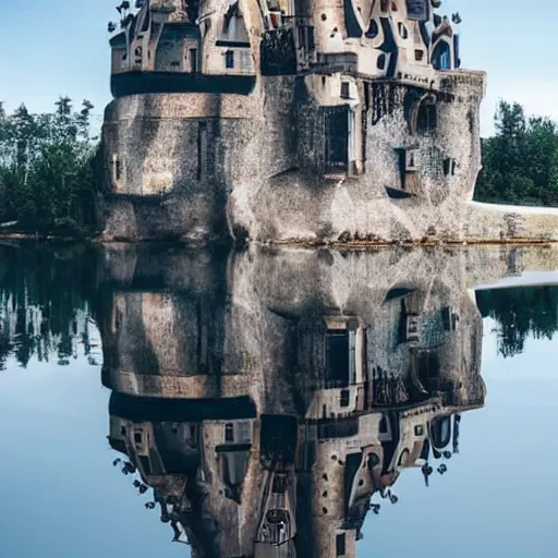 Image similar to futuristic medieval castle on a floating rock above the ground