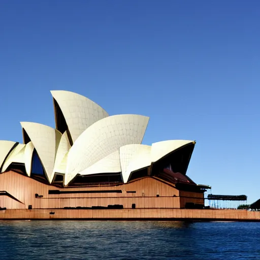 Prompt: sydney opera house as a sailboat with 1 5 different sails and huge stacks of beautiful architecture coves as sails