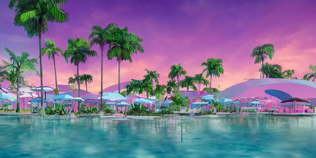 Prompt: artgem, hyperrealistic surreal virtual world of a florida keys resort with palm trees around a pool, a surreal vaporwave liminal space, pink sky, strange colors, unsettling vibe, minimalist architecture, metaverse, calming, meditative, dreamscape