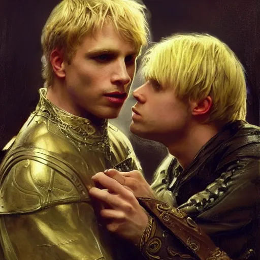 Prompt: attractive male, blond hair arthur pendragon confesses his love to attractive male dark harried merlin. highly detailed painting by gaston bussiere, craig mullins, j. c. leyendecker 8 k