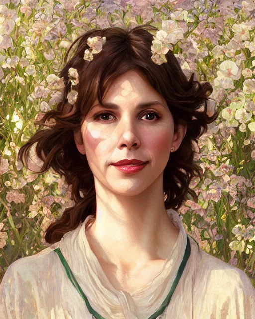 Prompt: a portrait painting of sabrina lloyd / perdita weeks / nicole de boer hybrid oil painting, gentle expression, smiling, elegant clothing, scenic background, behance hd by artgerm, helen huang, by alphonse mucha, greg rutkowski, tim hildebrandt