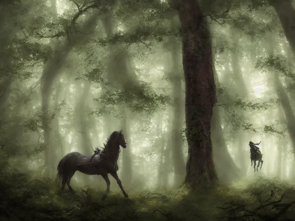 Prompt: a female beauty wearing a red cap rides through a dense green oak and beech forrest on a strong black horse, rays of life, cinematic, fantasy art, moody evening light, foggy, cryengine, trending on artstation, by esao andrews, by cynthia sheppard, by naoto hatori, by tyler jacobson