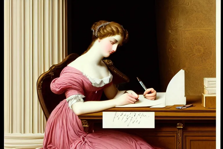 Image similar to lady writing at her desk by vittorio reggianini, georgian dress, directoire style, regency, empire silhouette, bright lighting, perfectly detailed eyes, beautiful hands, pale skin, clear face