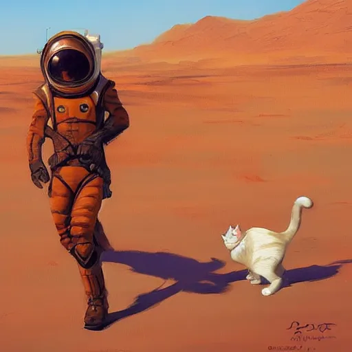 Image similar to cat walking on mars, trending on artstation, art by greg manchess, guangjian, detailed digital art, artstation hd